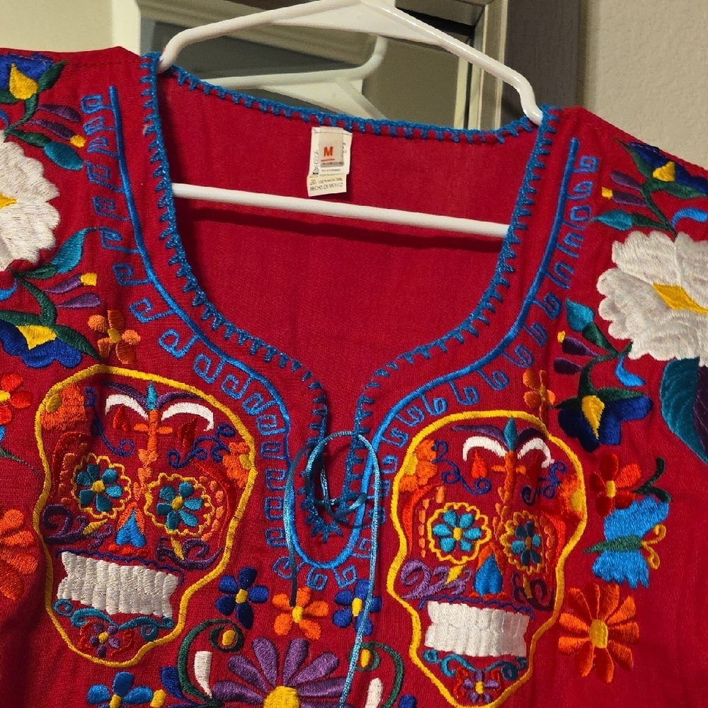 Red Embroidered Top with Floral and Skull Design - Picture 6 of 6